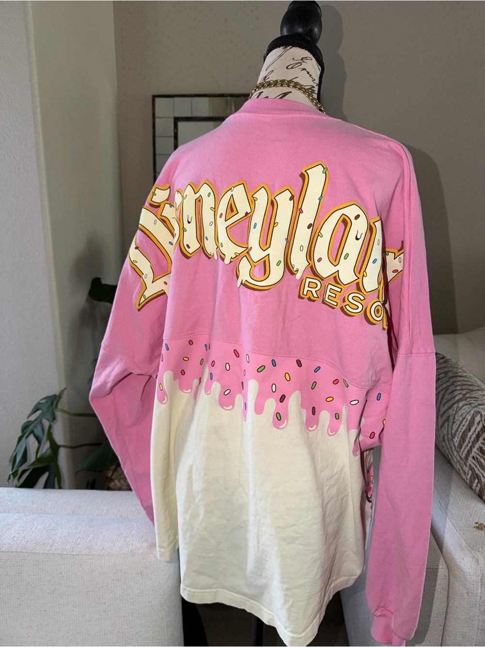 Disney Eats collection Mickey Mouse donut spirit jersey in pink and off white.